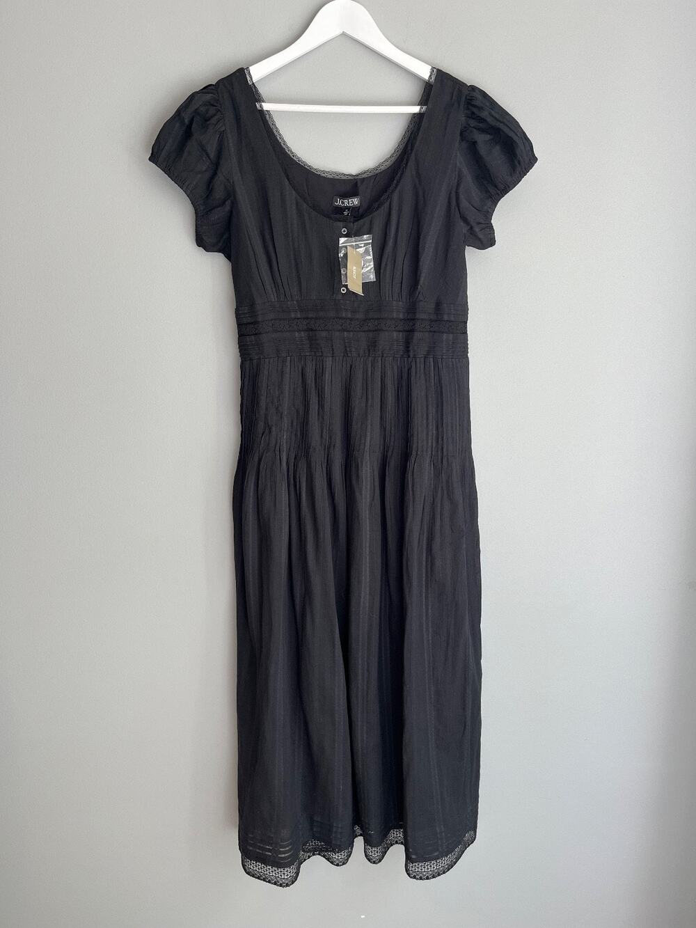 J.Crew NWT $188 Lace Trim Pintuck Midi Dress Black Cotton Dobby 12 CS953 Cottage